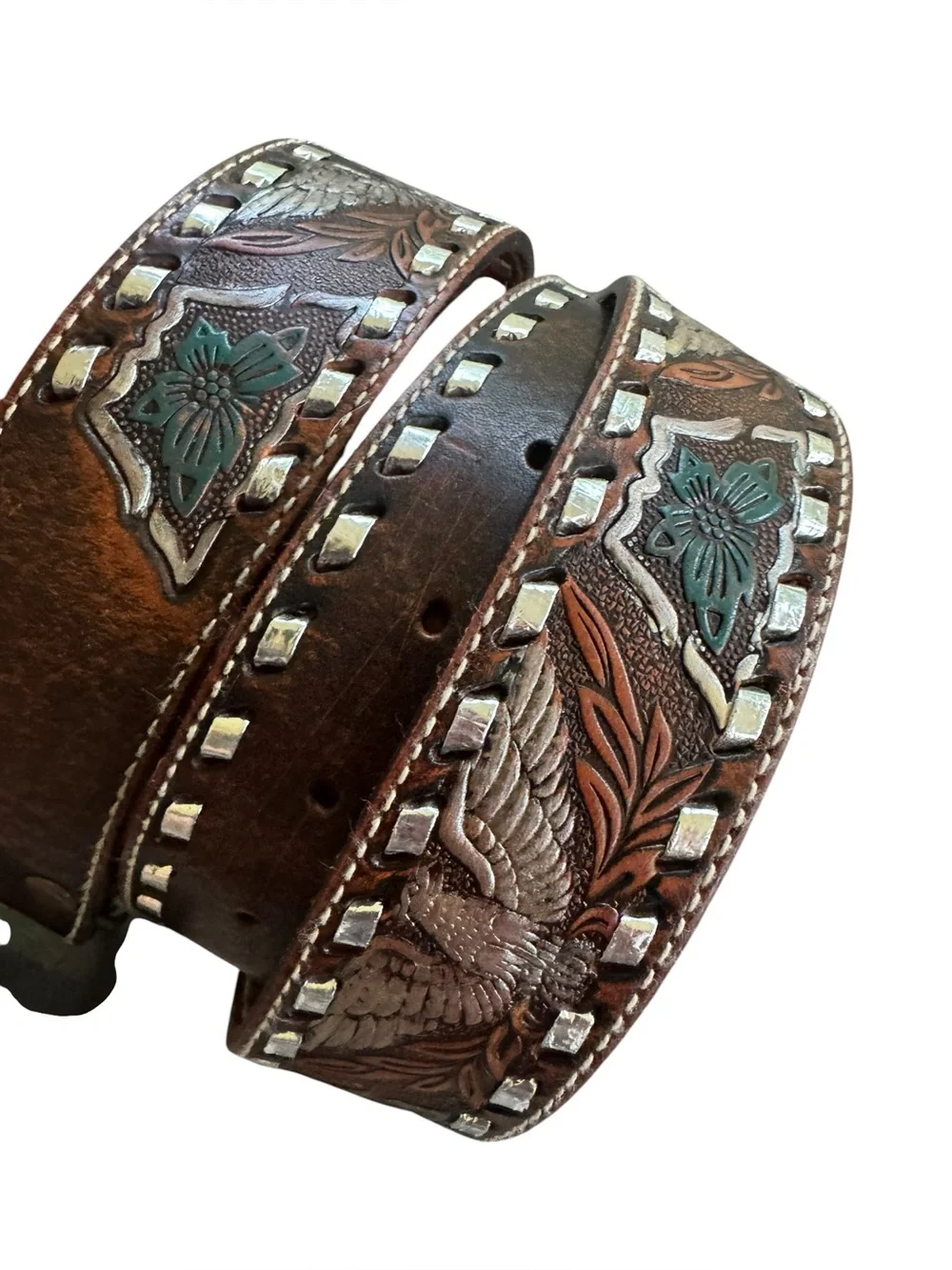Fossil Western Leather Belt & Buckle Mens 38 EAGLE Tooled MB5804 Cowhide MotoFos